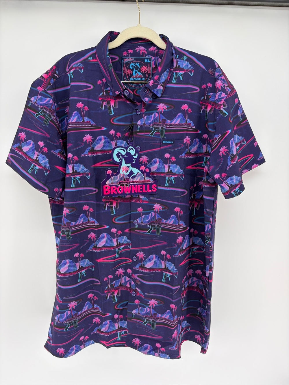 NWT Retro Rifle x Brownells Tropical Neon Print Button-Up Shirt Purple & Pink XL